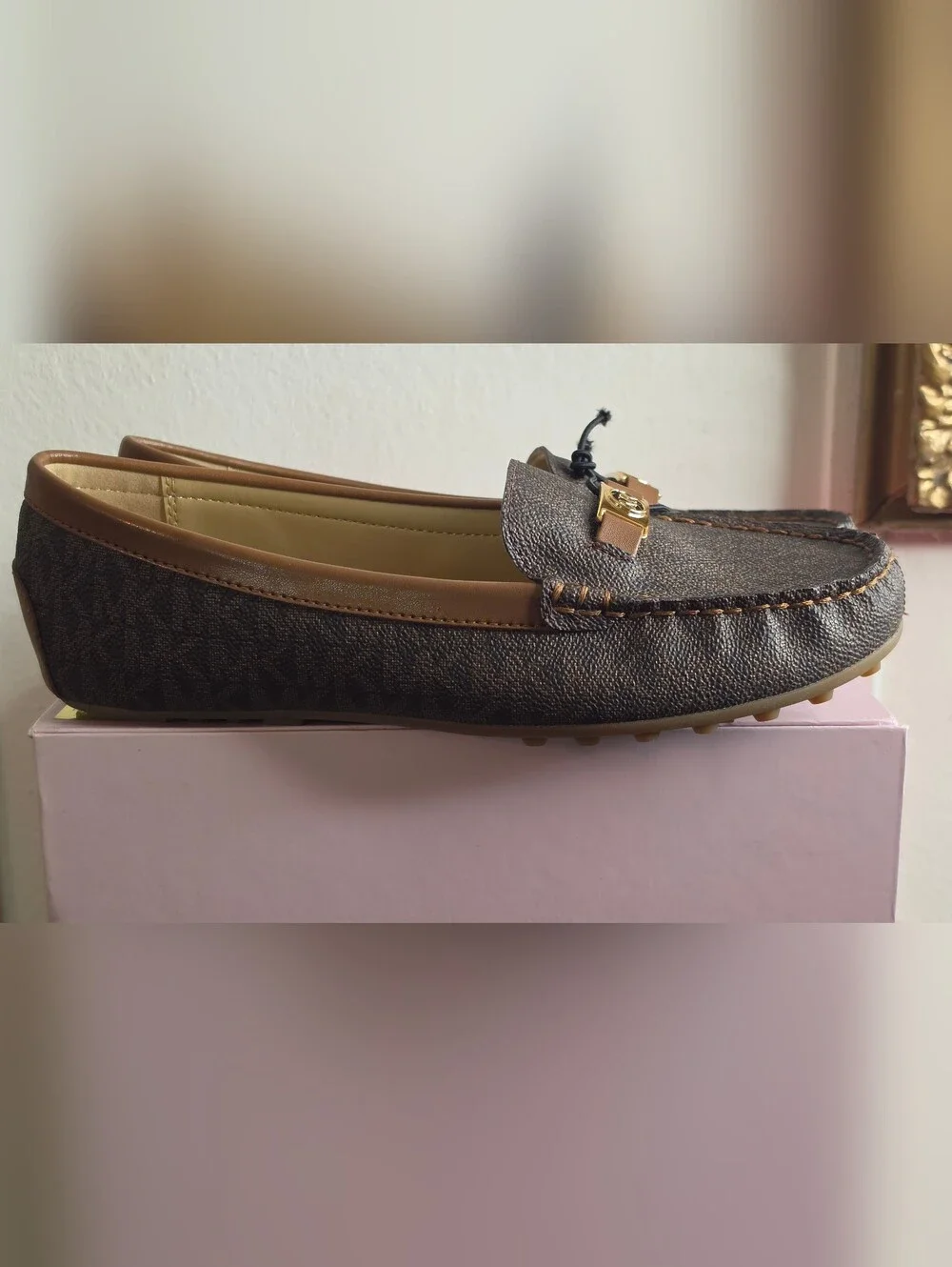 Michael Kors Brown Logo-Print Moccasin Loafers with Gold Accent